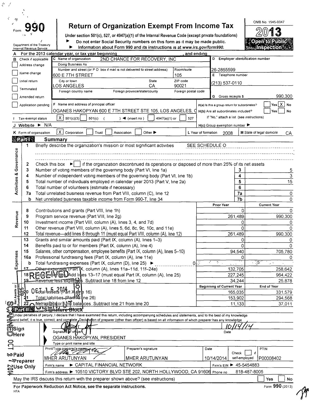 Image of first page of 2013 Form 990 for 2nd Chance for Recovery