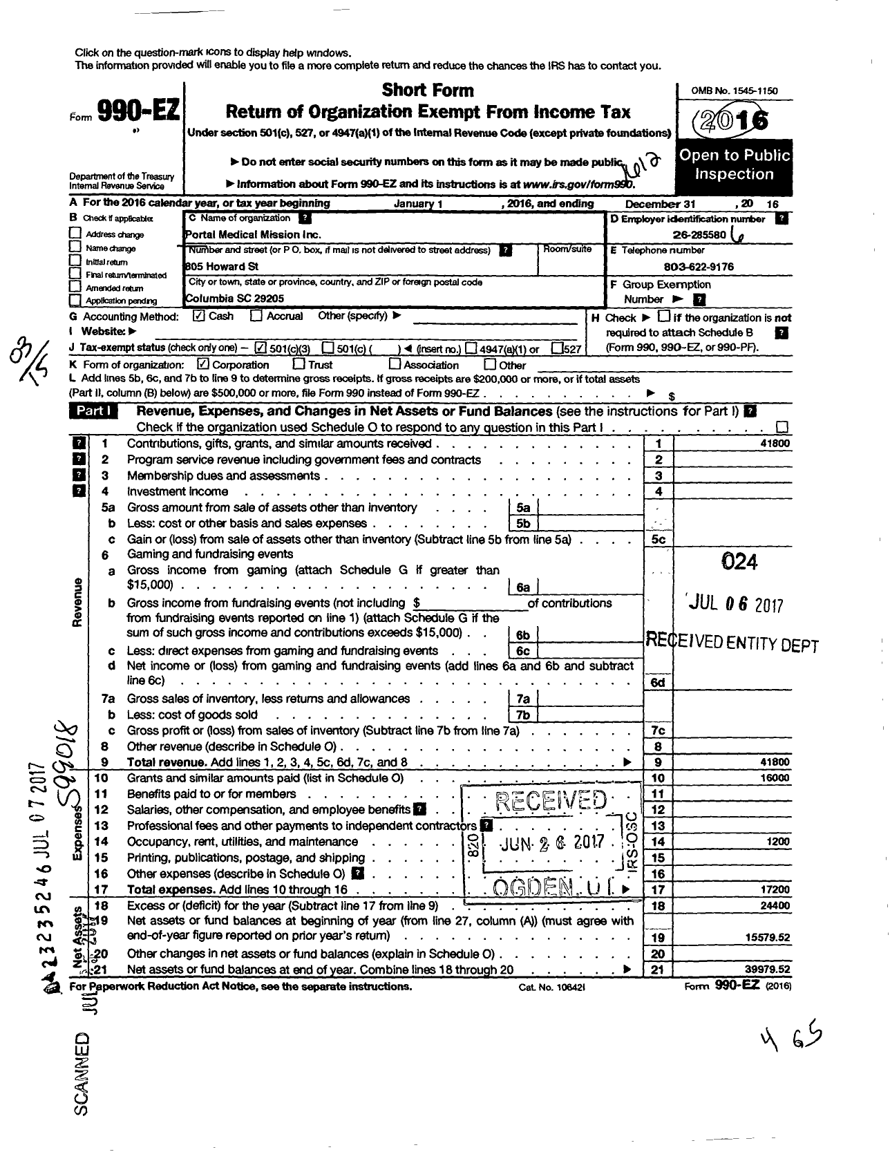 Image of first page of 2016 Form 990EZ for Portal Medical Mission