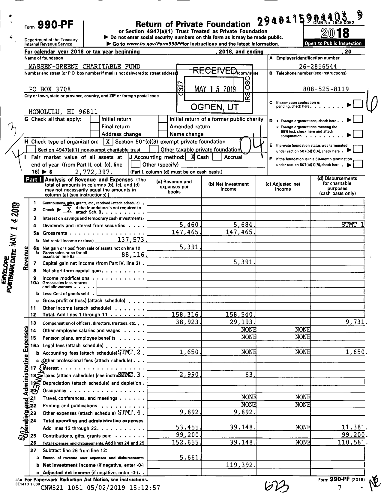 Image of first page of 2018 Form 990PF for Massen-Greene Charitable Fund