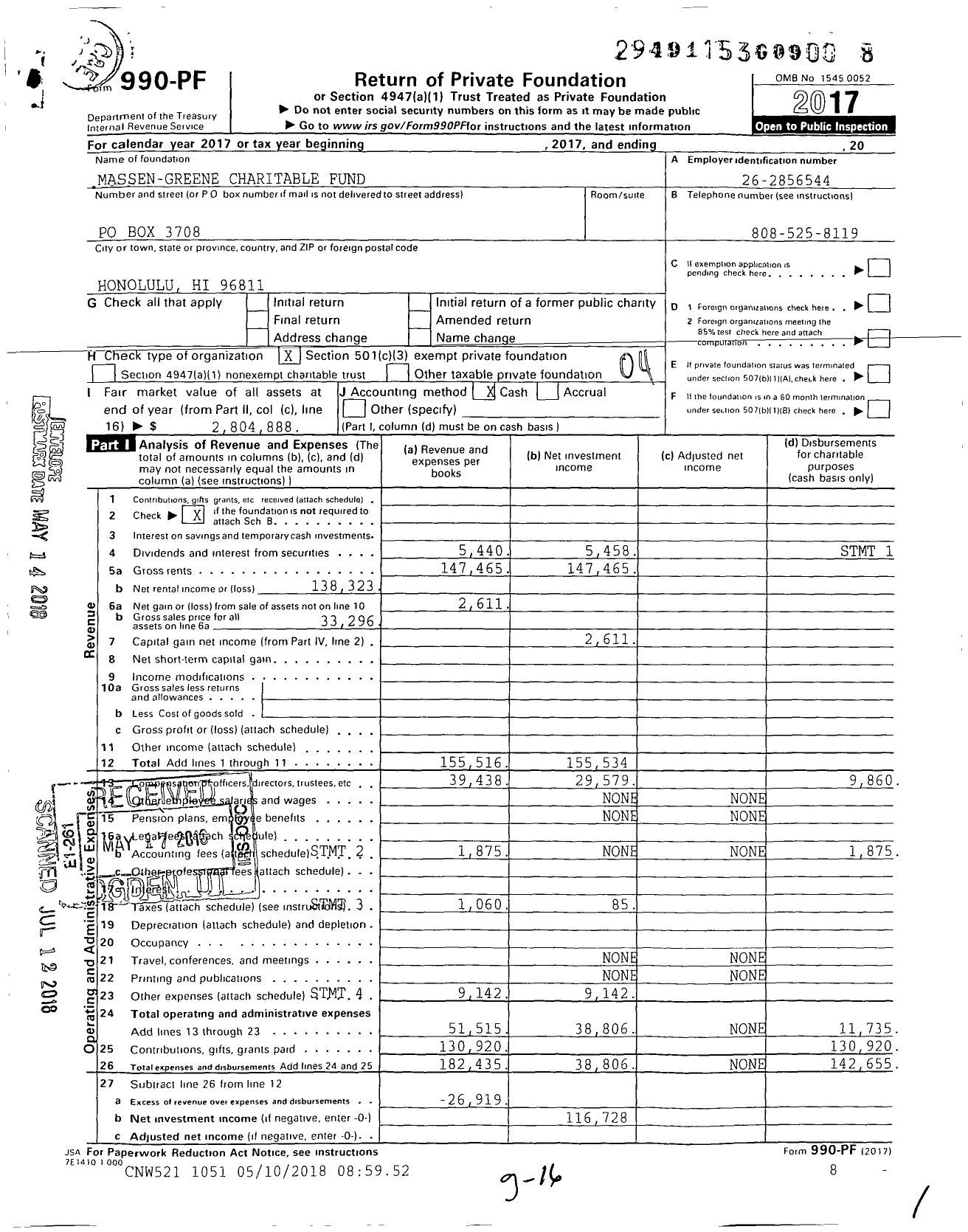 Image of first page of 2017 Form 990PF for Massen-Greene Charitable Fund