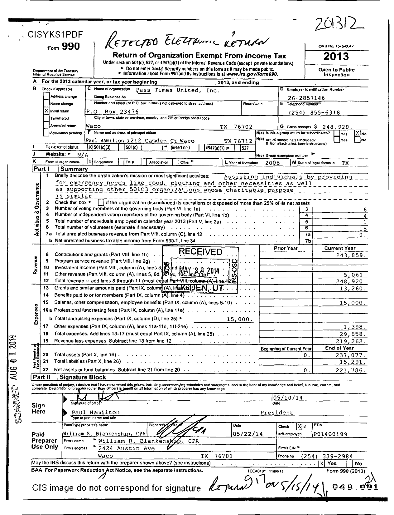 Image of first page of 2013 Form 990 for Pass Times United