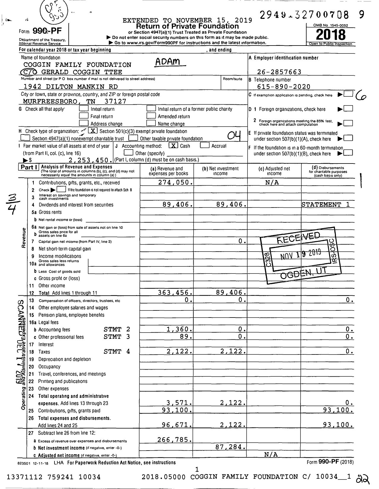 Image of first page of 2018 Form 990PF for Coggin Family Foundation