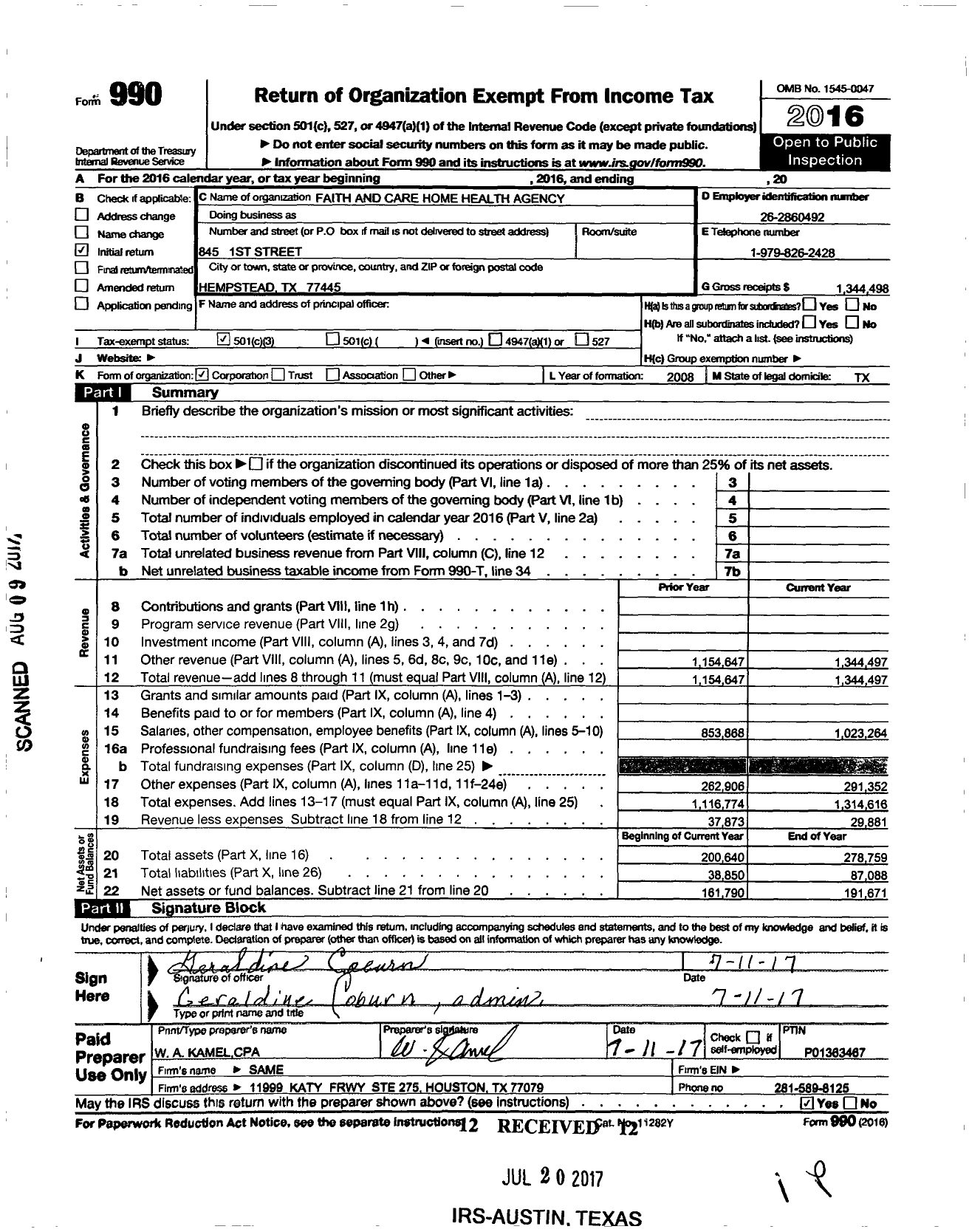 Image of first page of 2016 Form 990 for Faith and Care Home Health Agency