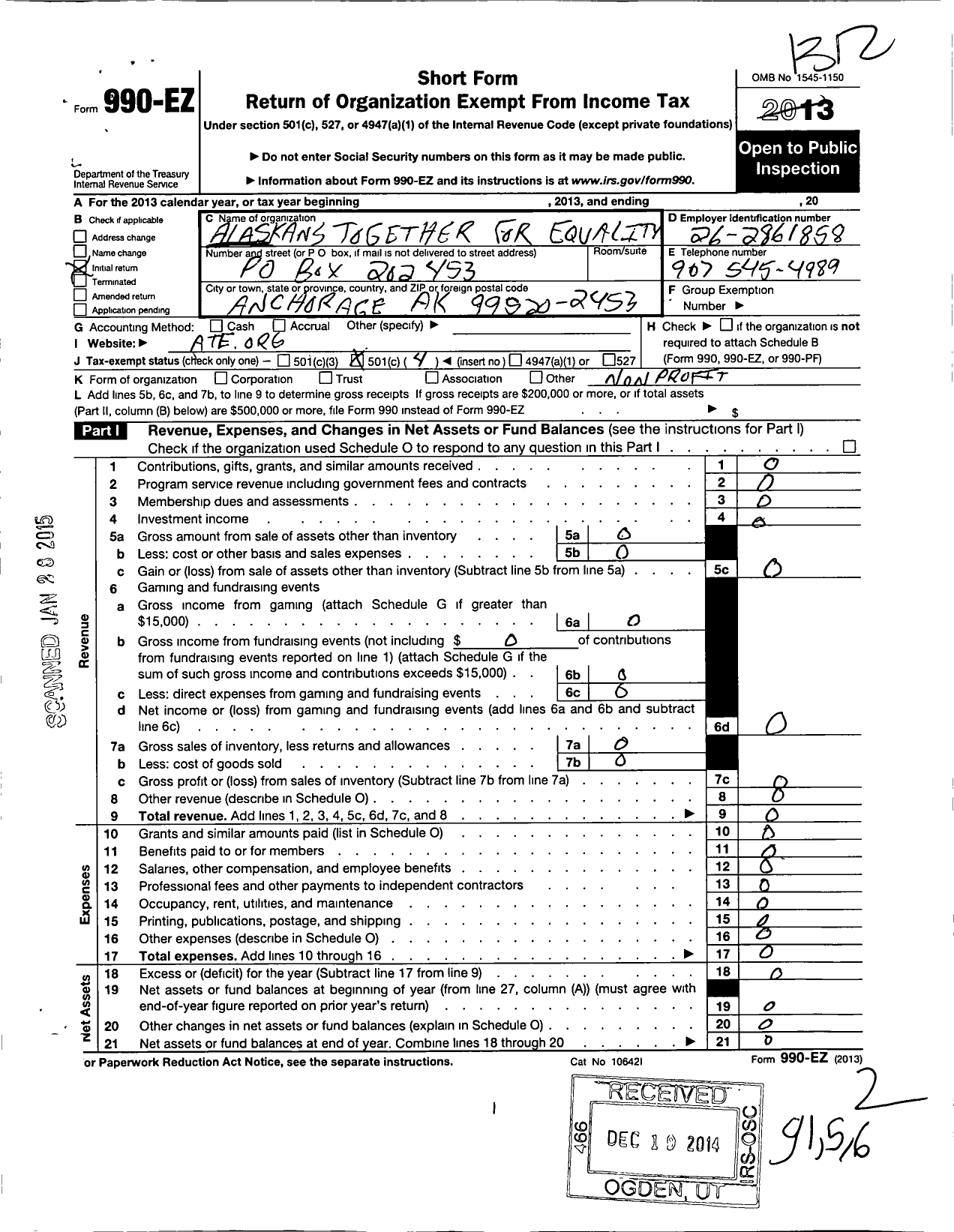 Image of first page of 2013 Form 990EO for Alaskans Together for Equality