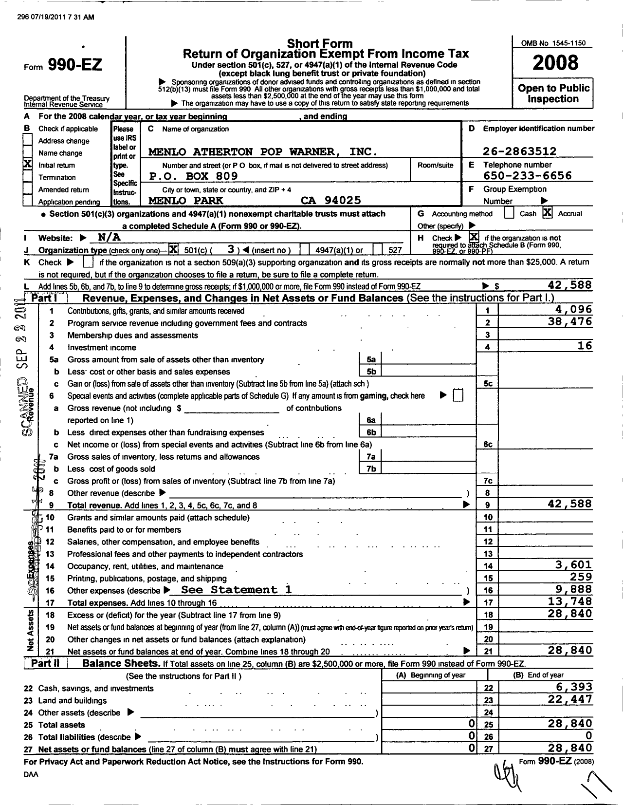 Image of first page of 2008 Form 990EZ for Menlo Atherton Pop Warner