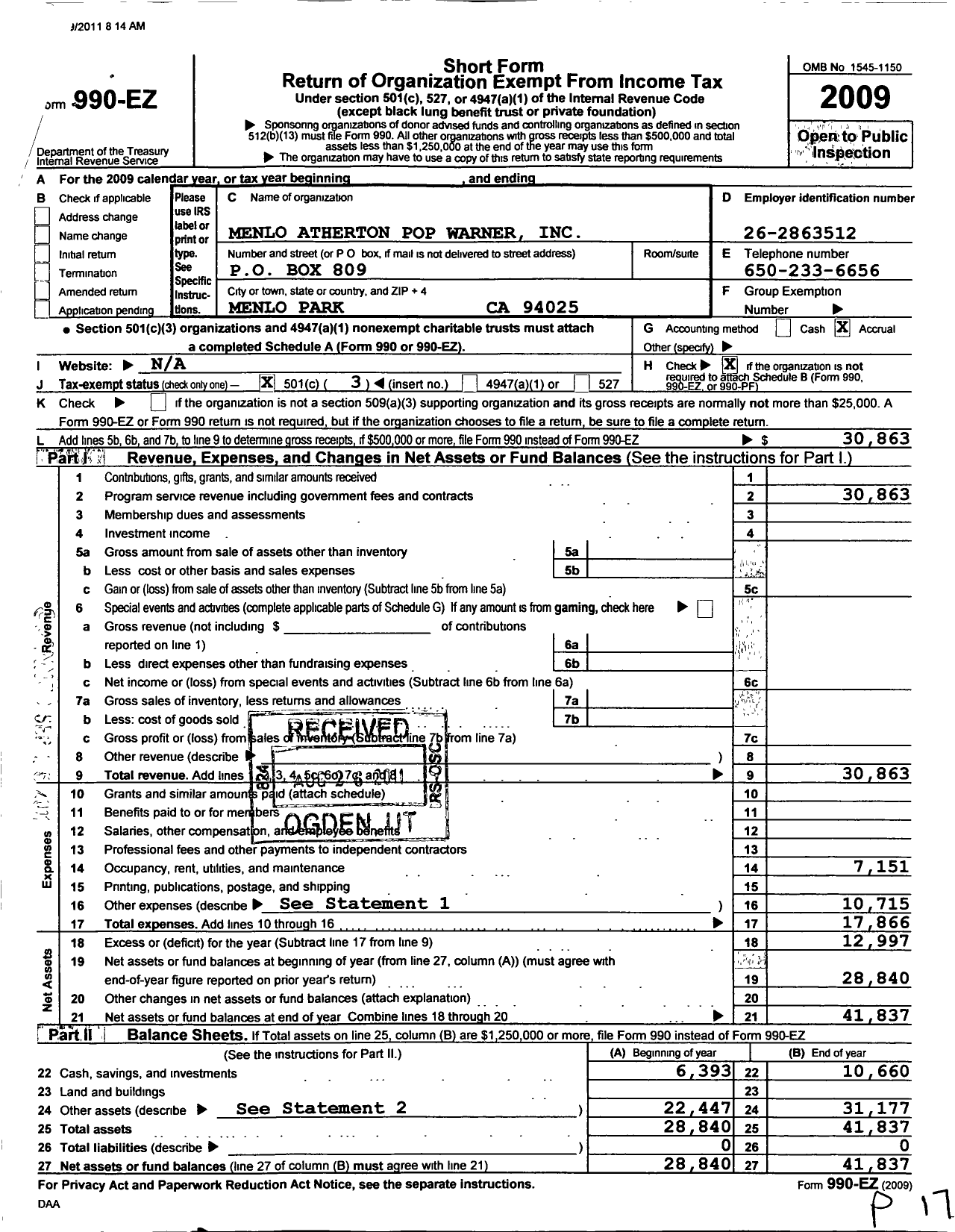 Image of first page of 2009 Form 990EZ for Menlo Atherton Pop Warner