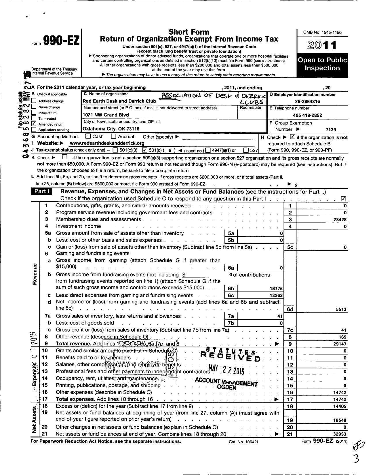 Image of first page of 2011 Form 990EO for Association of Desk and Derrick Clubs / Red Earth