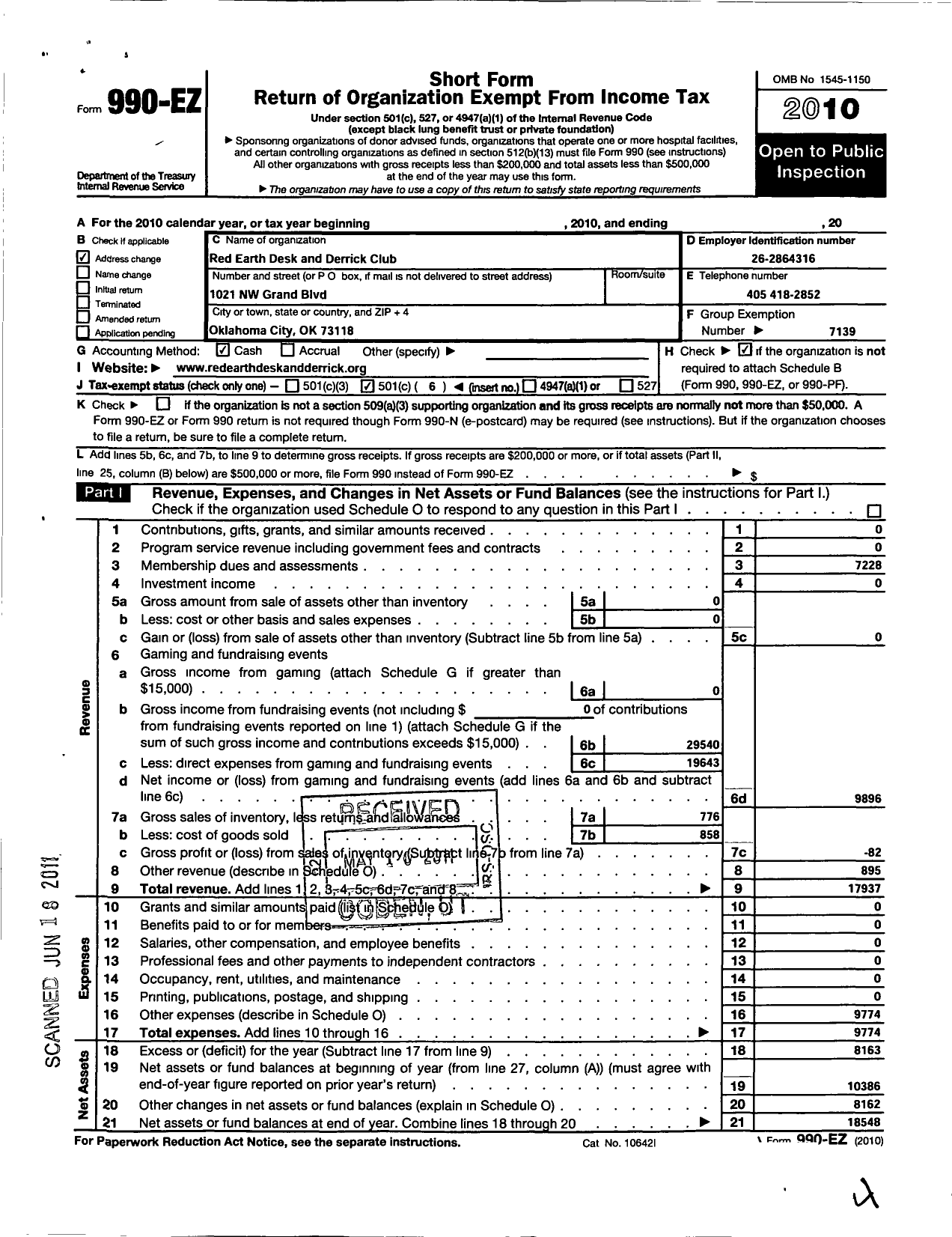 Image of first page of 2010 Form 990EO for Association of Desk and Derrick Clubs / Red Earth