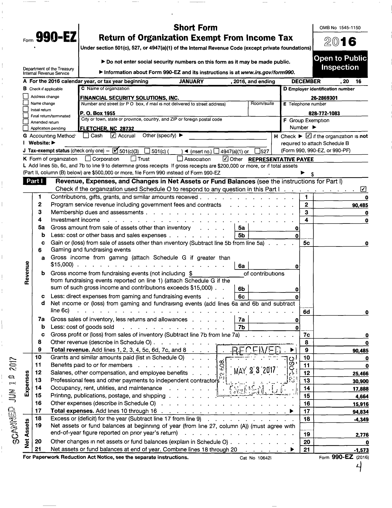 Image of first page of 2016 Form 990EZ for Financial Security Solutions