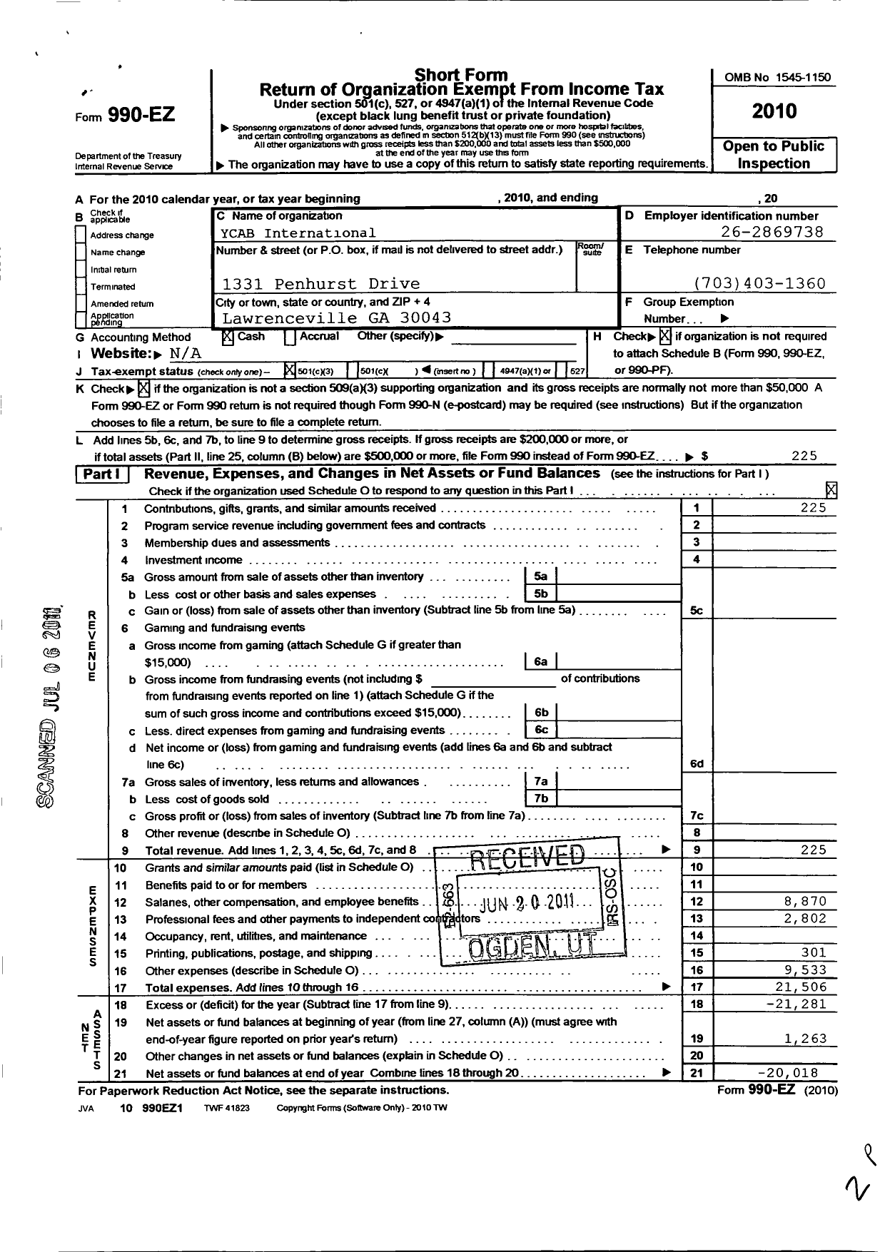 Image of first page of 2010 Form 990EZ for Ycab International