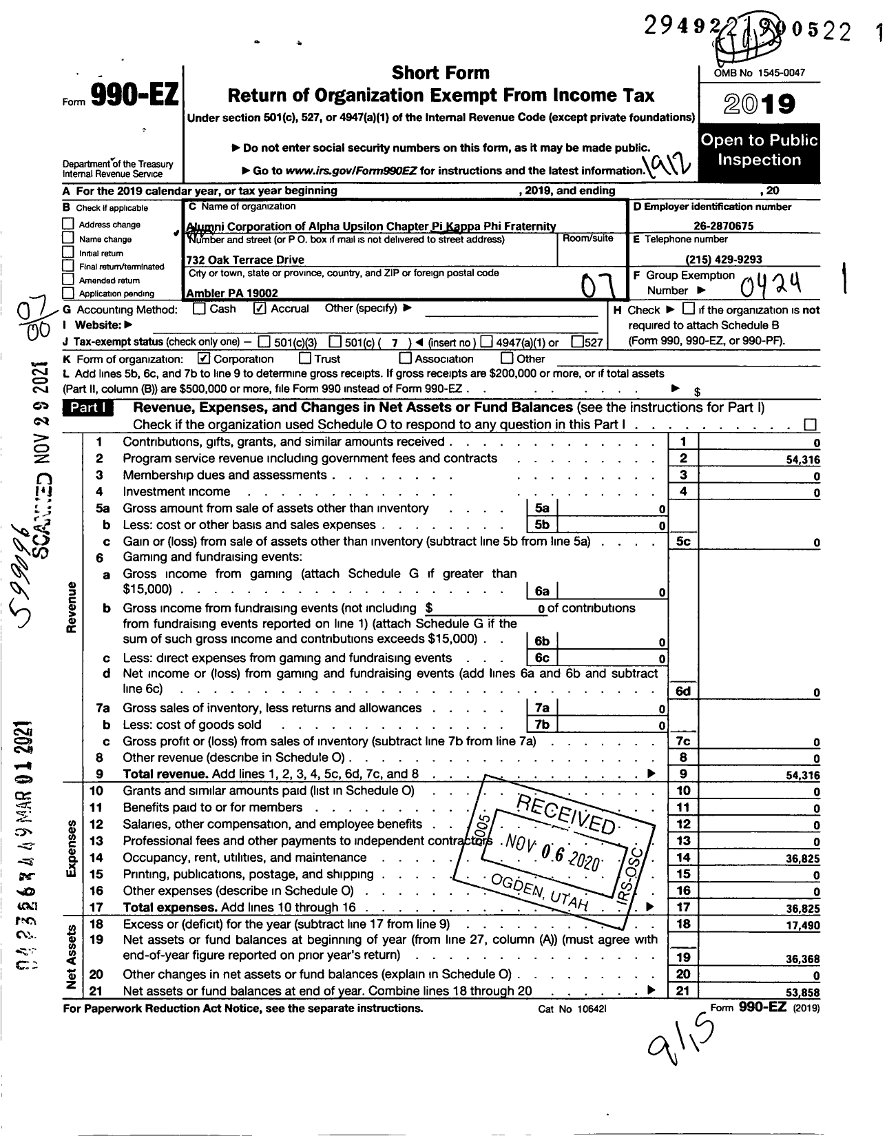 Image of first page of 2019 Form 990EO for Pi KAPPA PHI FRATERNITY - Alumni Corp of Alpha Upsilon Chap