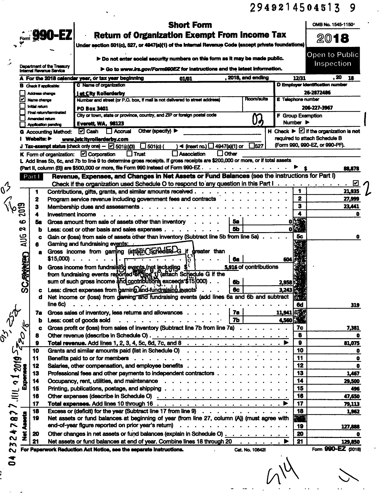 Image of first page of 2018 Form 990EZ for Jet City Rollerderby