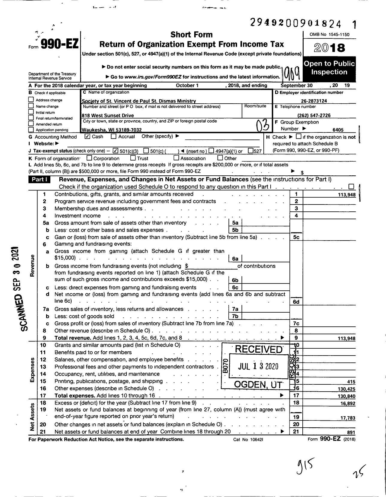 Image of first page of 2018 Form 990EZ for Society of St Vincent de Paul Waukesha County St Dismas