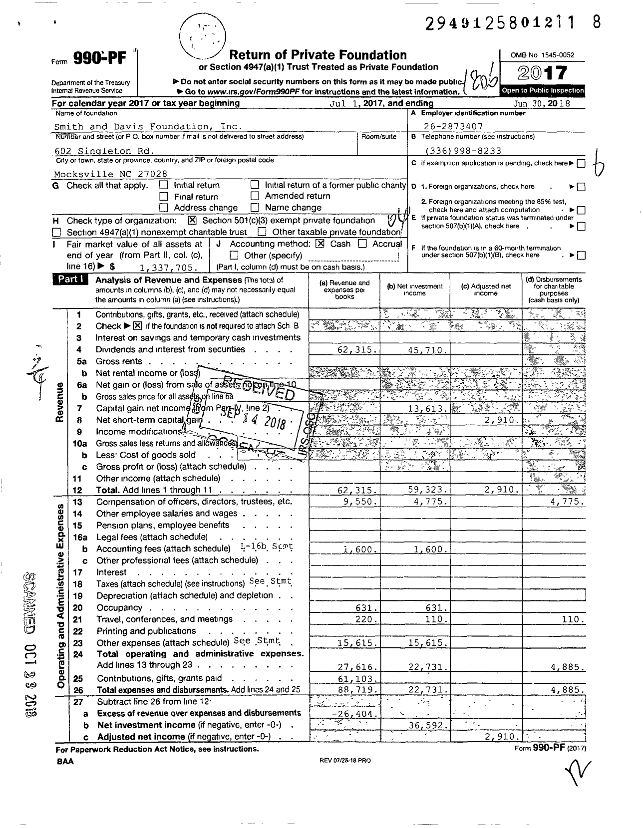 Image of first page of 2017 Form 990PF for Smith and Davis Foundation