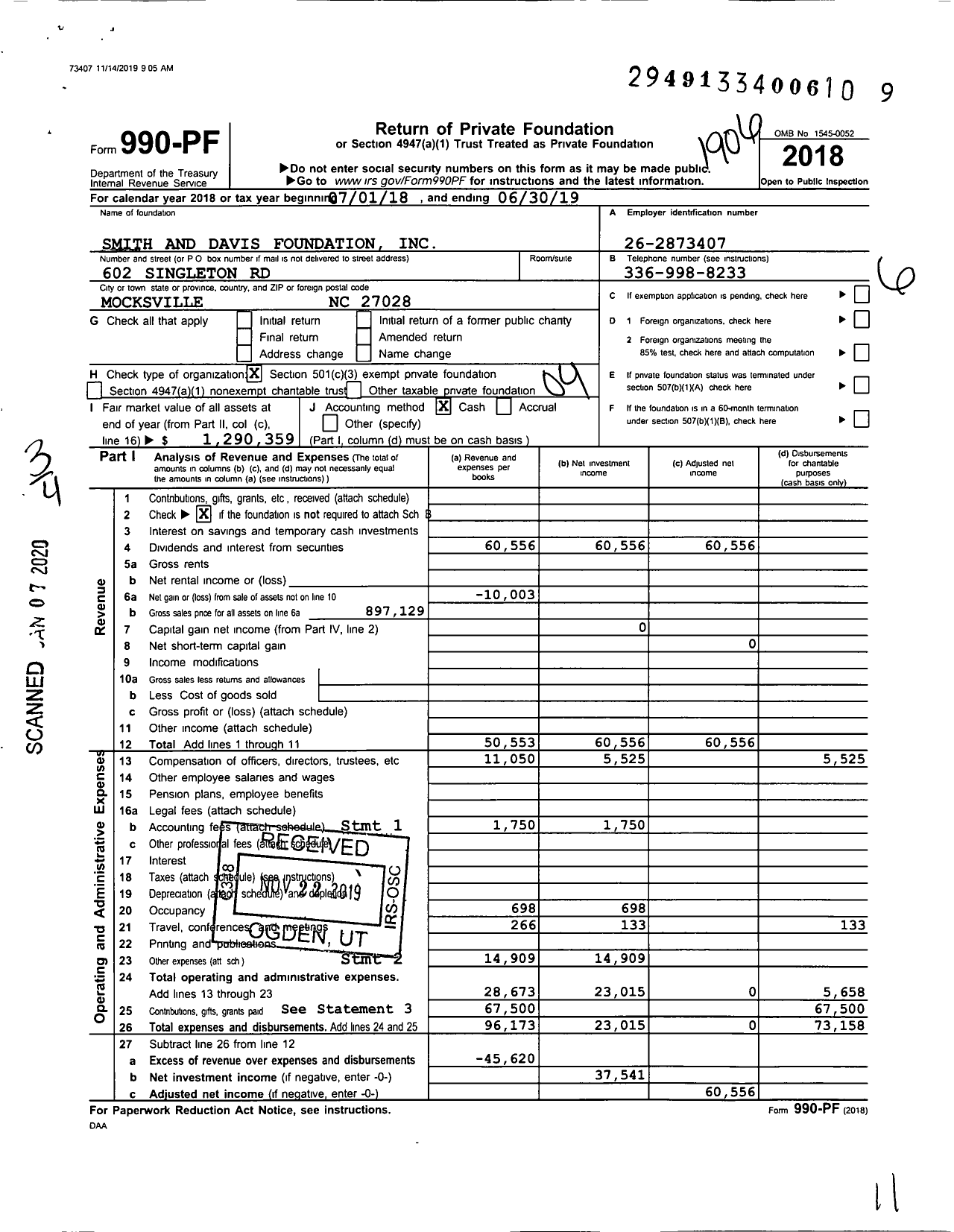 Image of first page of 2018 Form 990PF for Smith and Davis Foundation