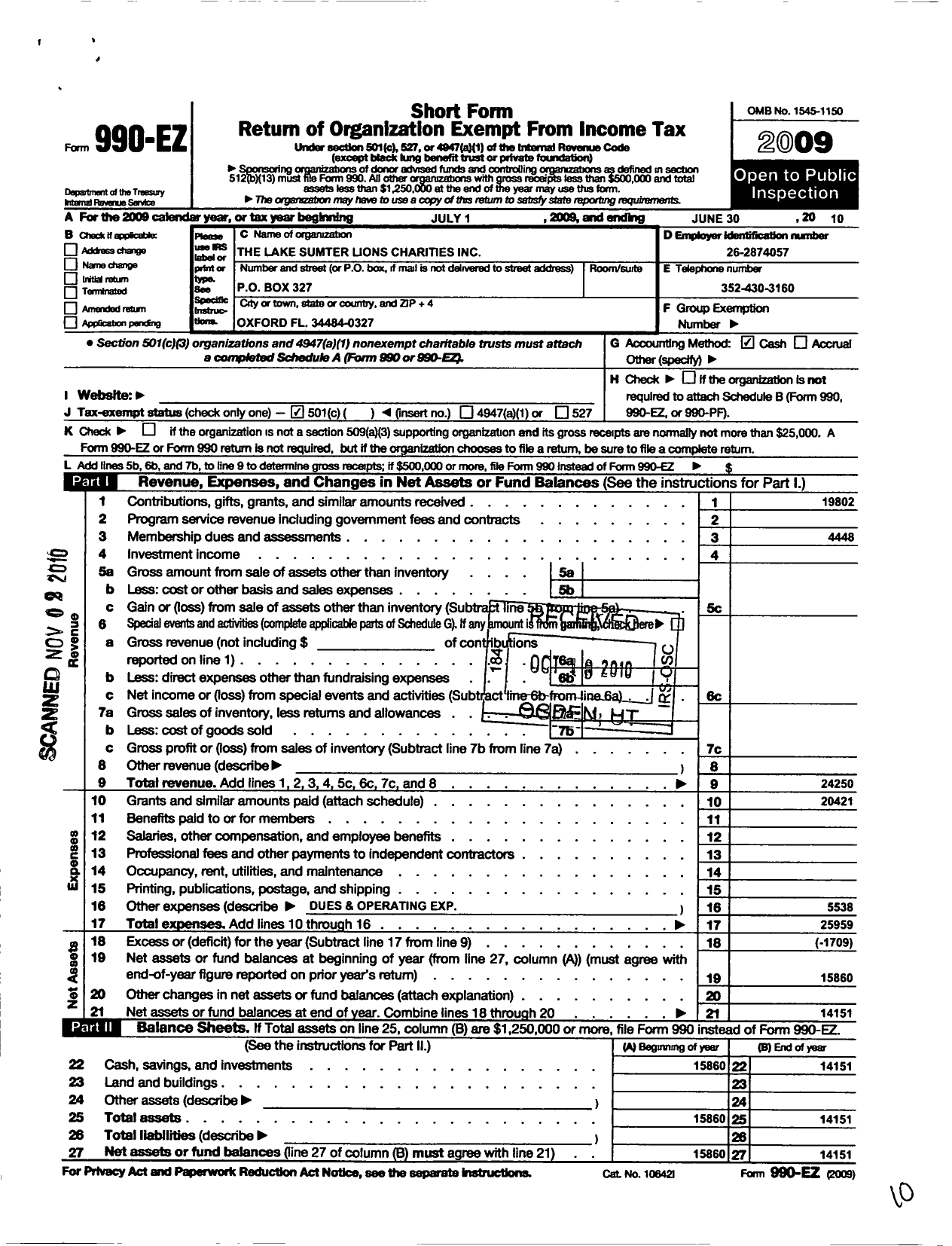 Image of first page of 2009 Form 990EO for The Lake Sumter Lions Charities