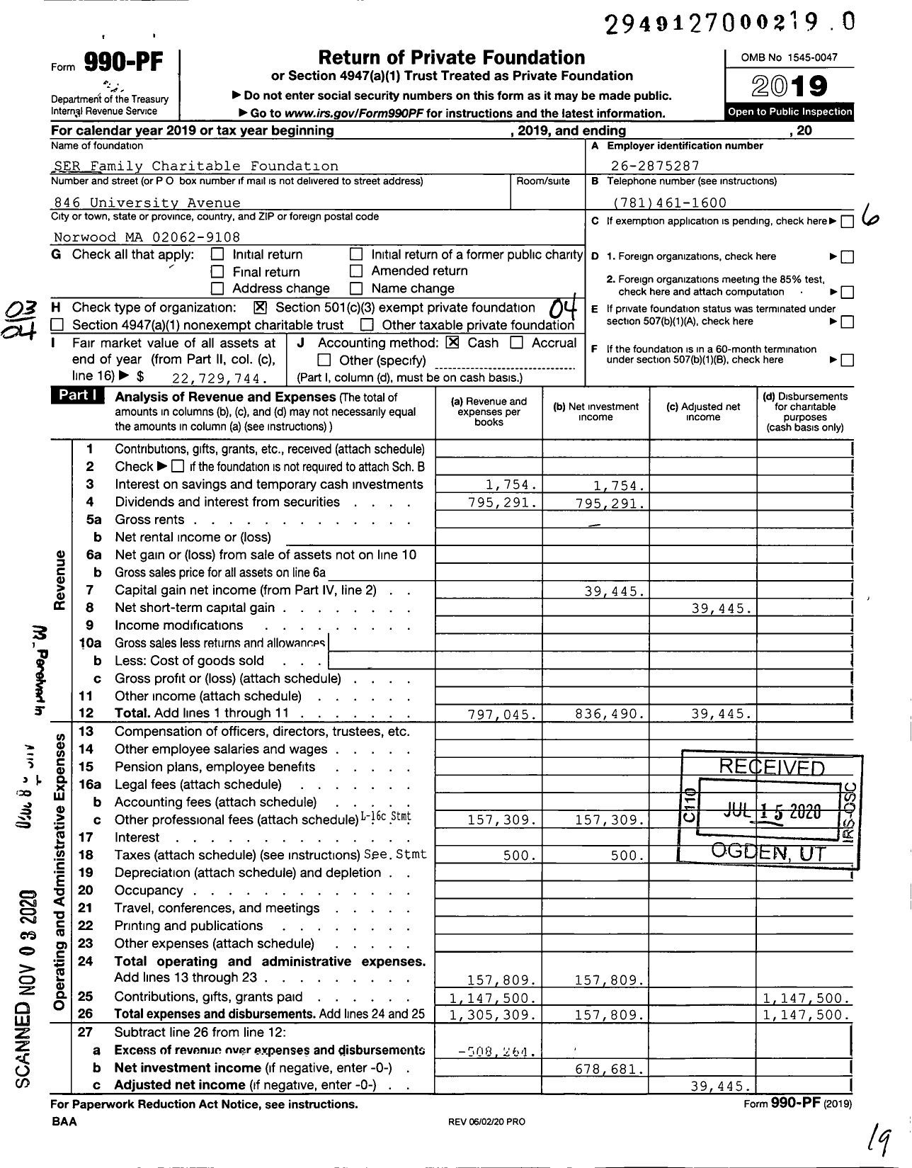 Image of first page of 2019 Form 990PF for Ser Family Charitable Foundation