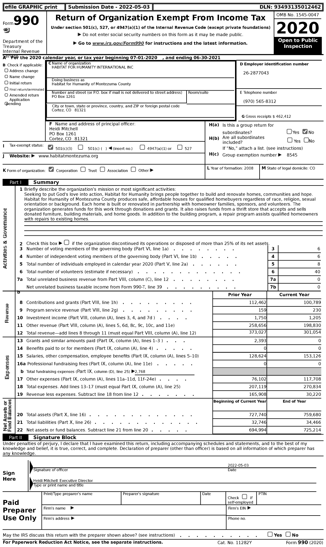 Image of first page of 2020 Form 990 for HABITAT FOR Humanity - Montezuma County Co HFH of