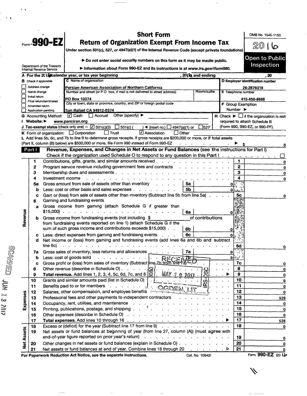 Image of first page of 2016 Form 990EZ for Persian American Ass of Northern California