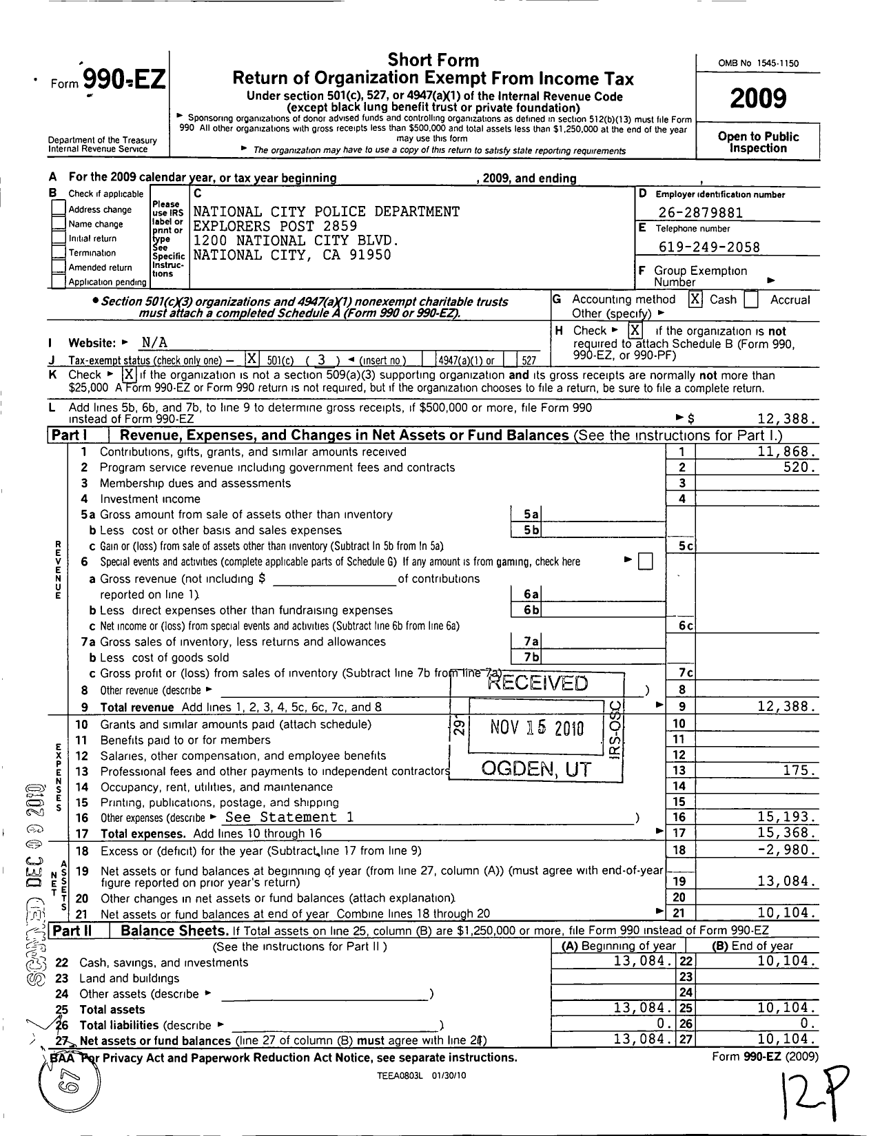 Image of first page of 2009 Form 990EZ for National City Police Department Explorers Post 2859