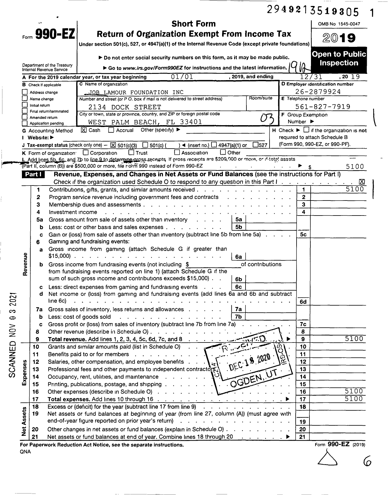 Image of first page of 2019 Form 990EZ for Job Lamour Foundation