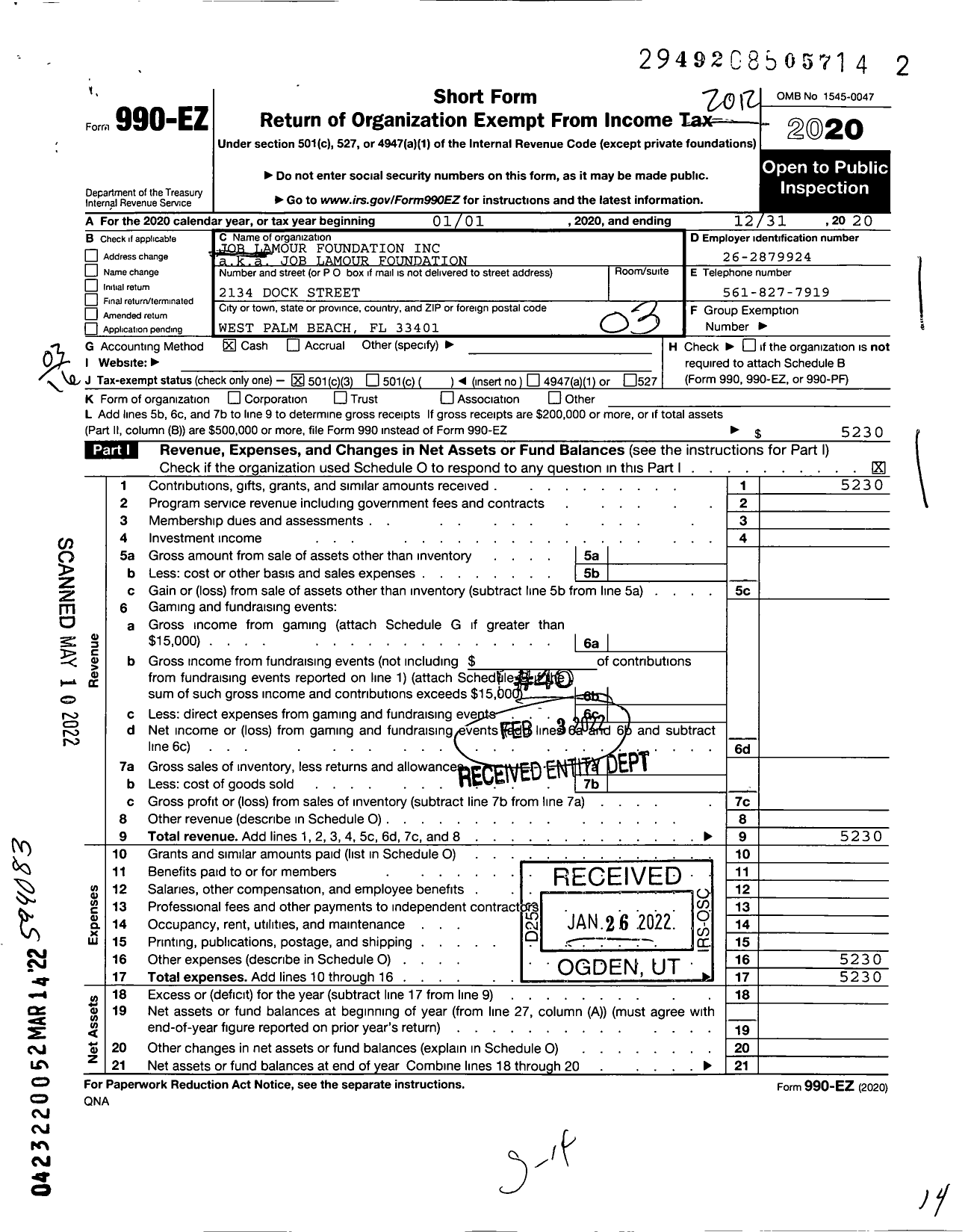 Image of first page of 2020 Form 990EZ for Job Lamour Foundation