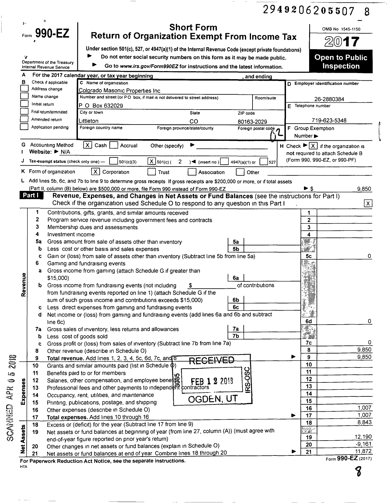 Image of first page of 2017 Form 990EO for Colorado Masonic Properties