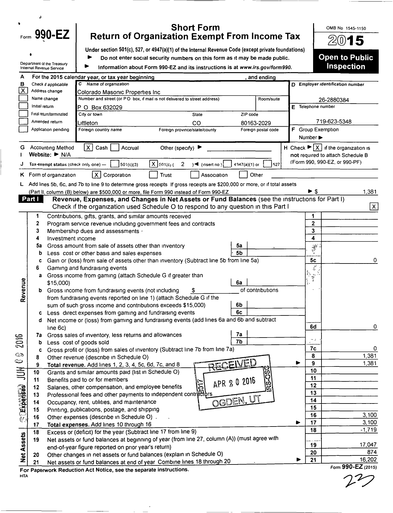 Image of first page of 2015 Form 990EO for Colorado Masonic Properties