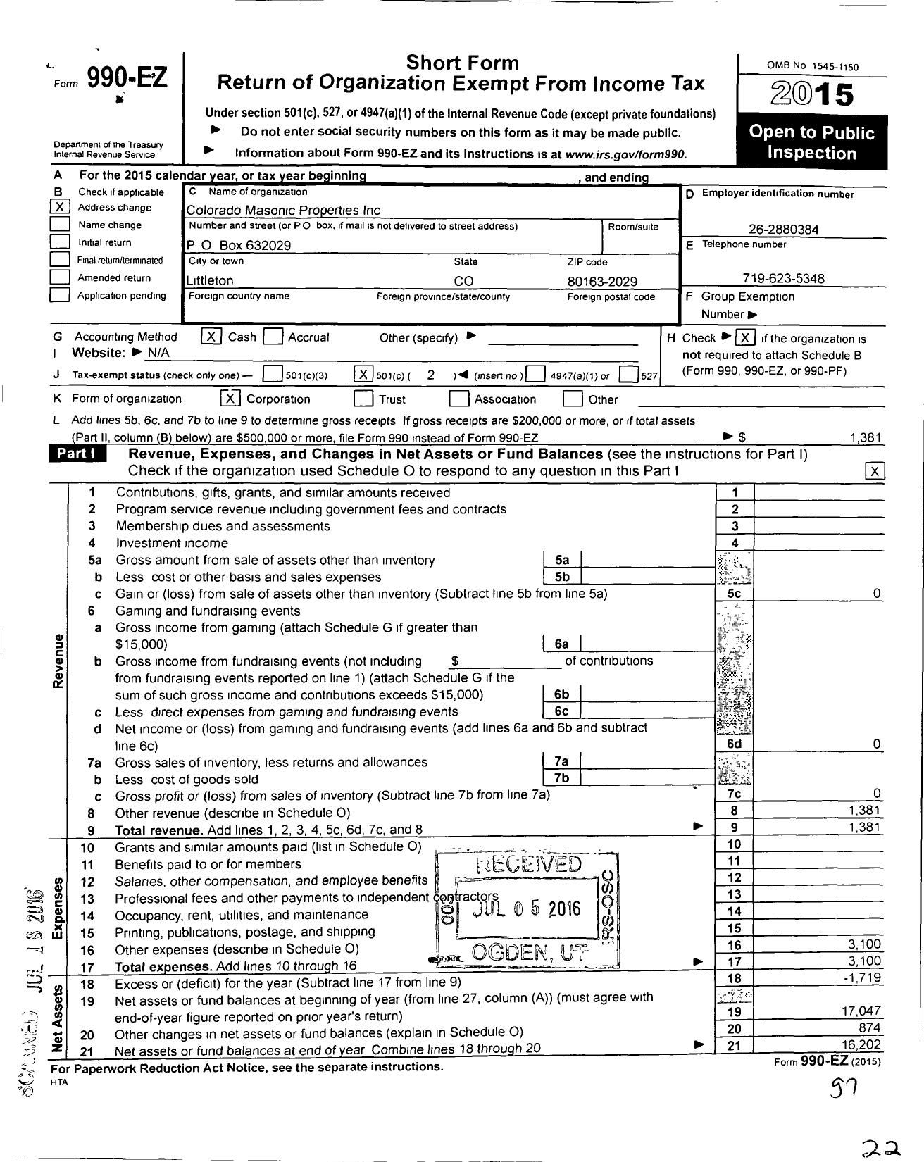 Image of first page of 2015 Form 990EO for Colorado Masonic Properties