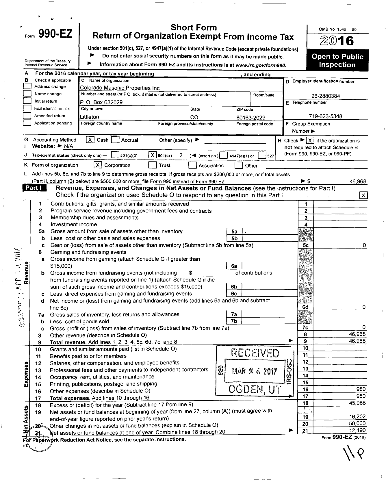 Image of first page of 2016 Form 990EO for Colorado Masonic Properties