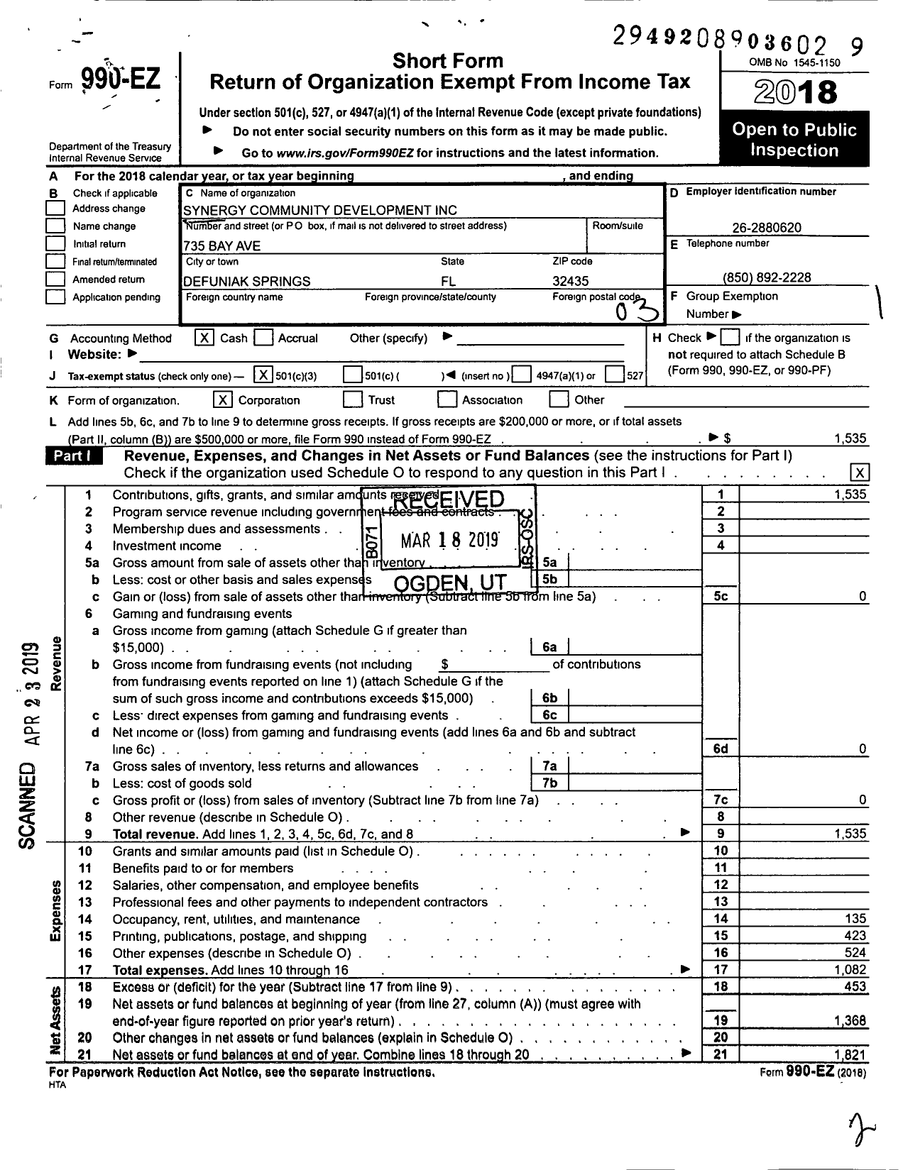 Image of first page of 2018 Form 990EZ for Synergy Community Development