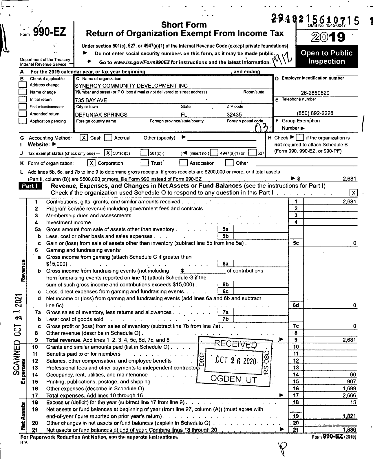 Image of first page of 2019 Form 990EZ for Synergy Community Development