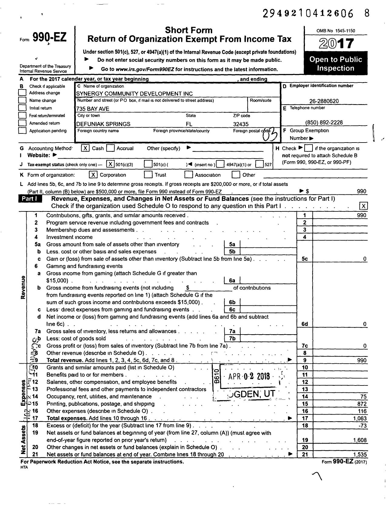 Image of first page of 2017 Form 990EZ for Synergy Community Development