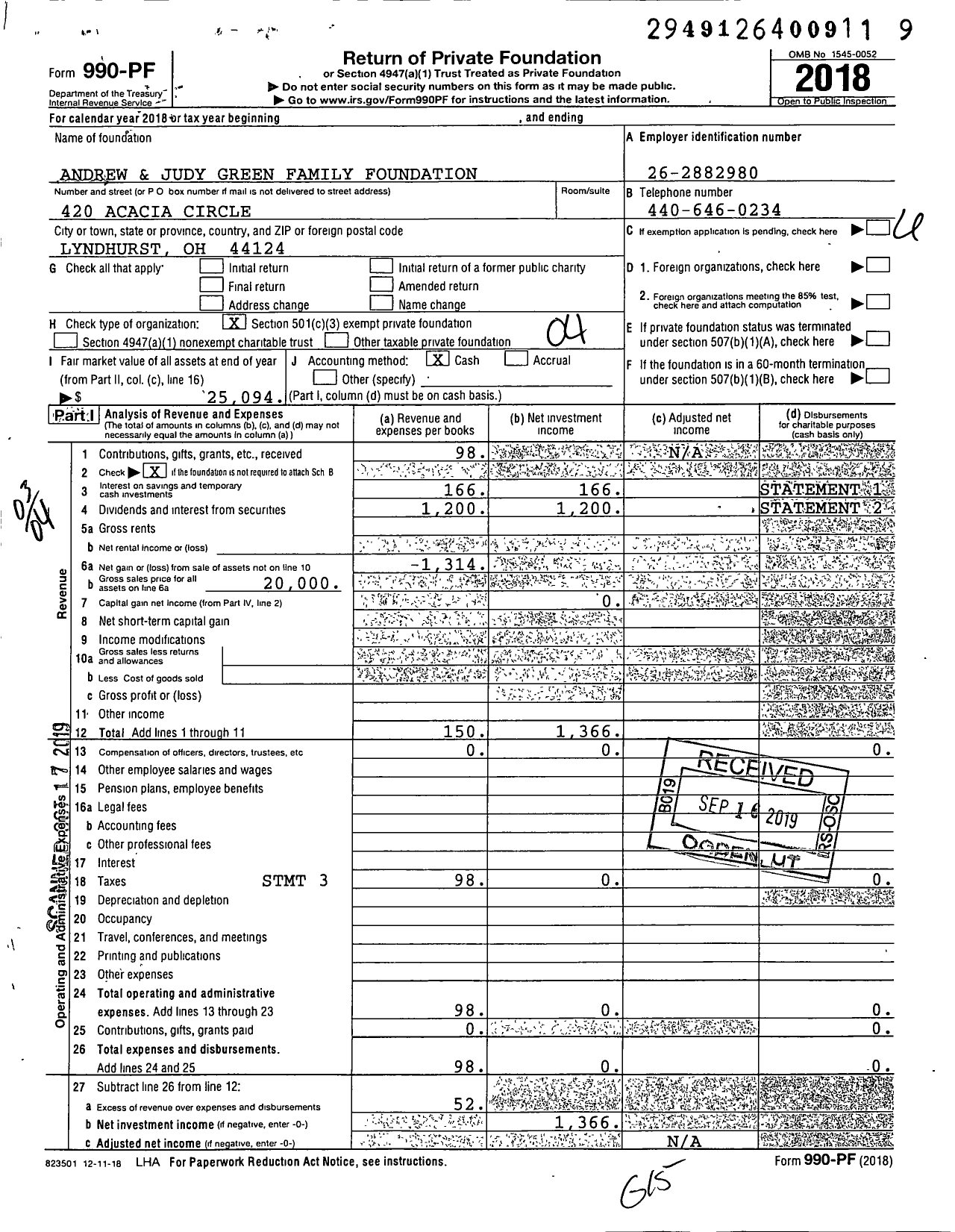 Image of first page of 2018 Form 990PF for Andrew and Judy Green Family Foundation