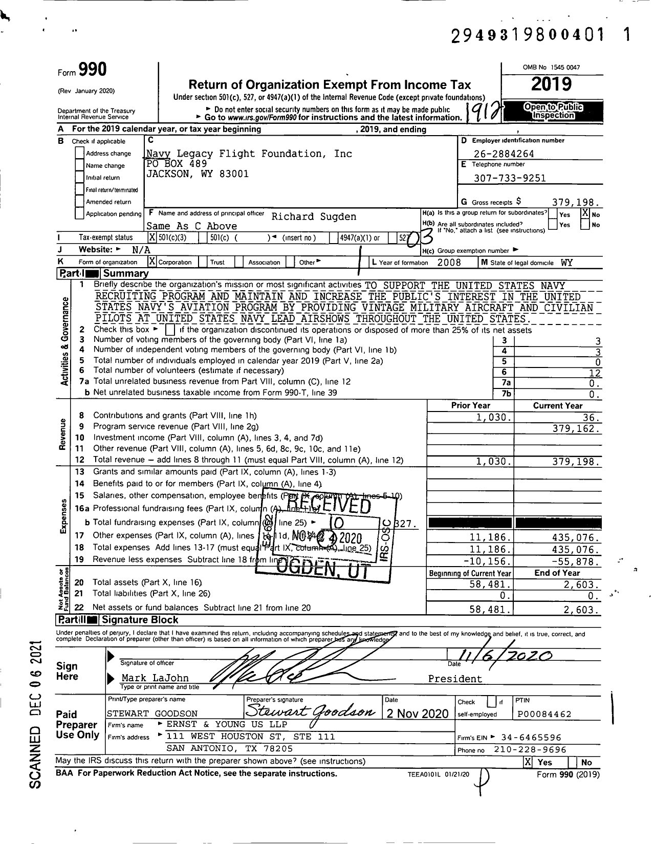 Image of first page of 2019 Form 990 for Navy Legacy Flight Foundation