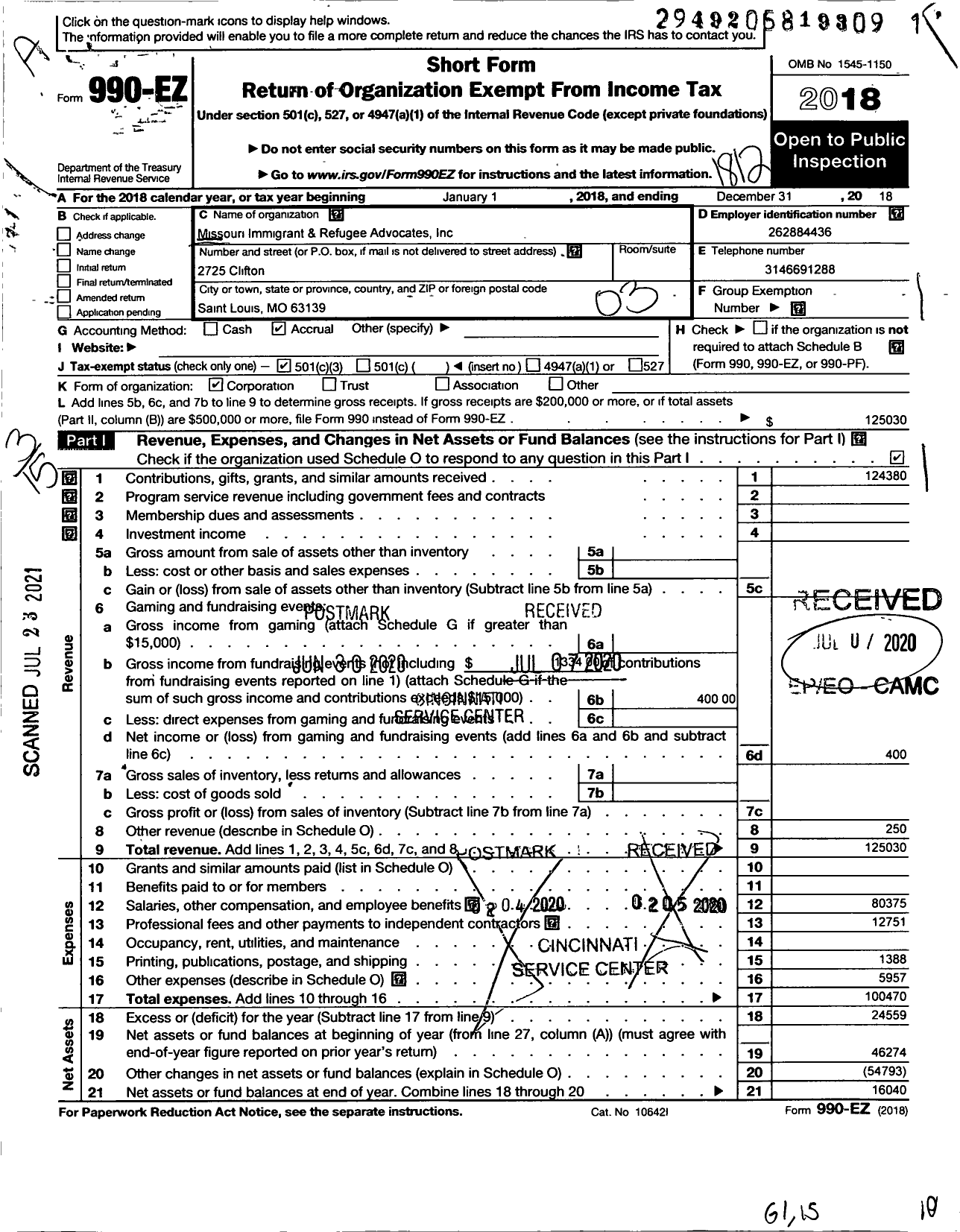 Image of first page of 2018 Form 990EZ for Missouri Immigrant and Refugee Advocates