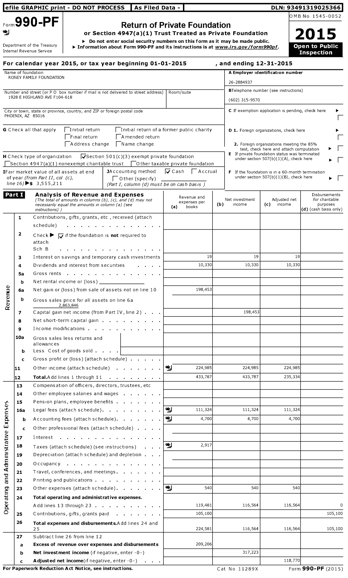 Image of first page of 2015 Form 990PF for Roney Family Foundation