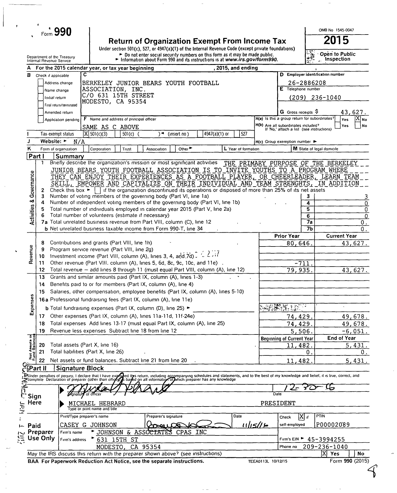 Image of first page of 2015 Form 990 for Berkeley Junior Bears Youth Football Association