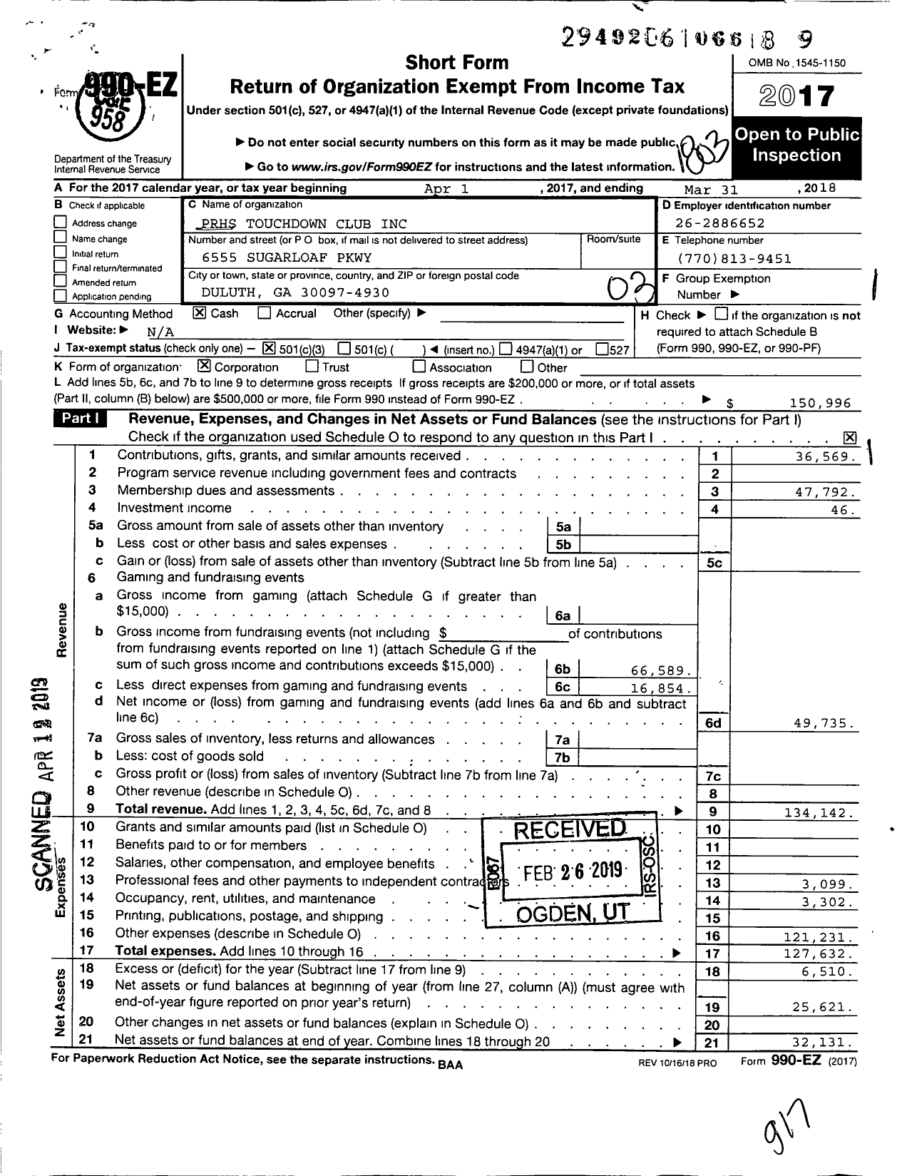 Image of first page of 2017 Form 990EZ for PRHS Touchdown Club