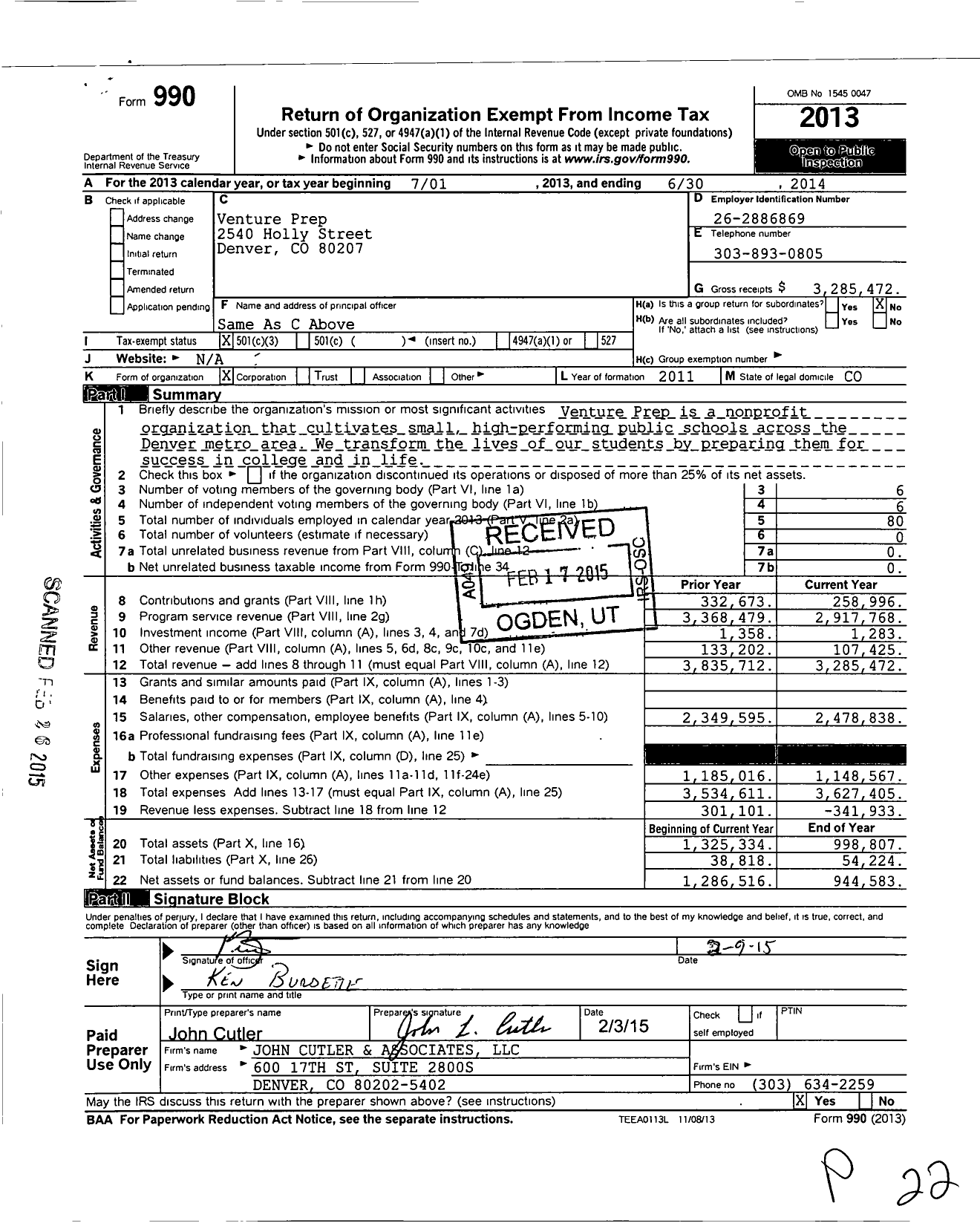 Image of first page of 2013 Form 990 for Venture Prep