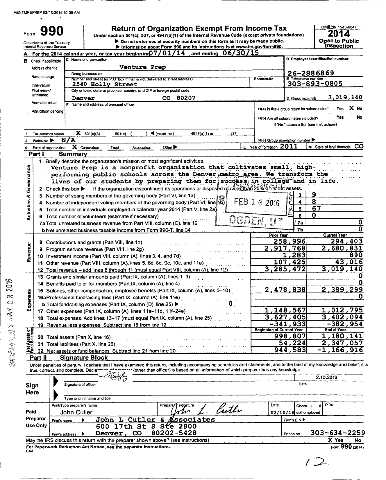 Image of first page of 2014 Form 990 for Venture Prep
