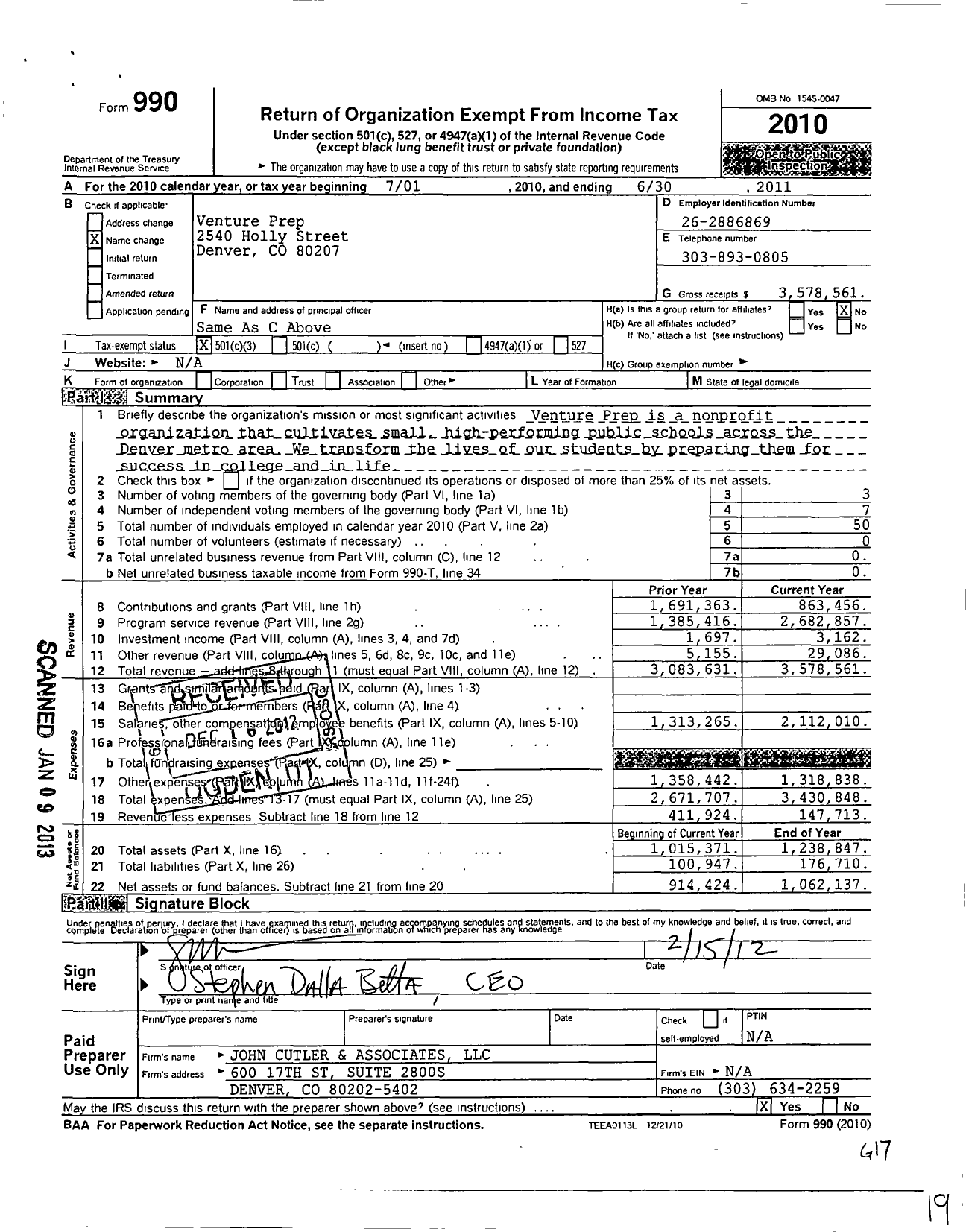 Image of first page of 2010 Form 990 for Venture Prep