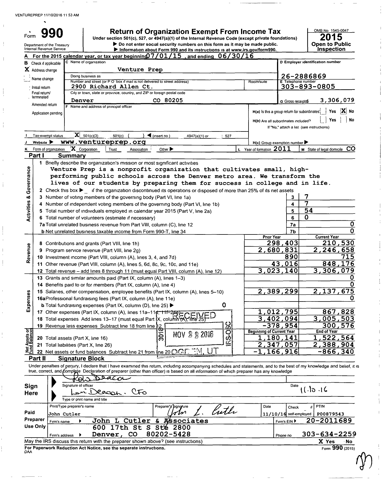 Image of first page of 2015 Form 990 for Venture Prep