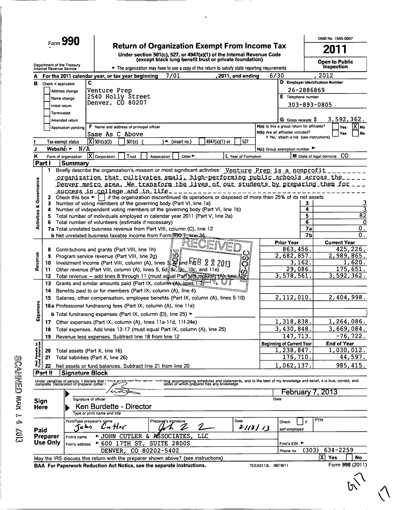 Image of first page of 2011 Form 990 for Venture Prep