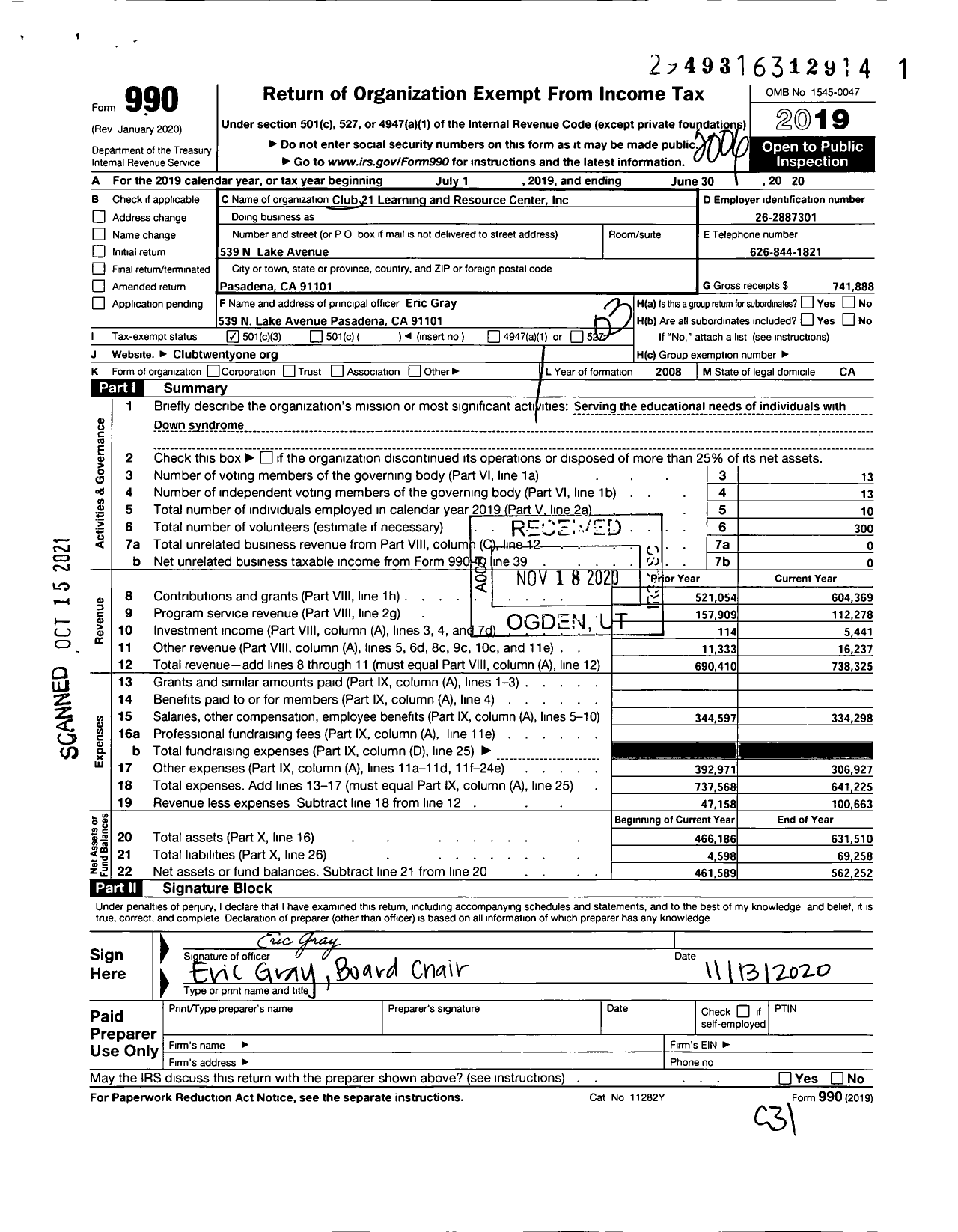 Image of first page of 2019 Form 990 for Club 21 Learning and Resource Center