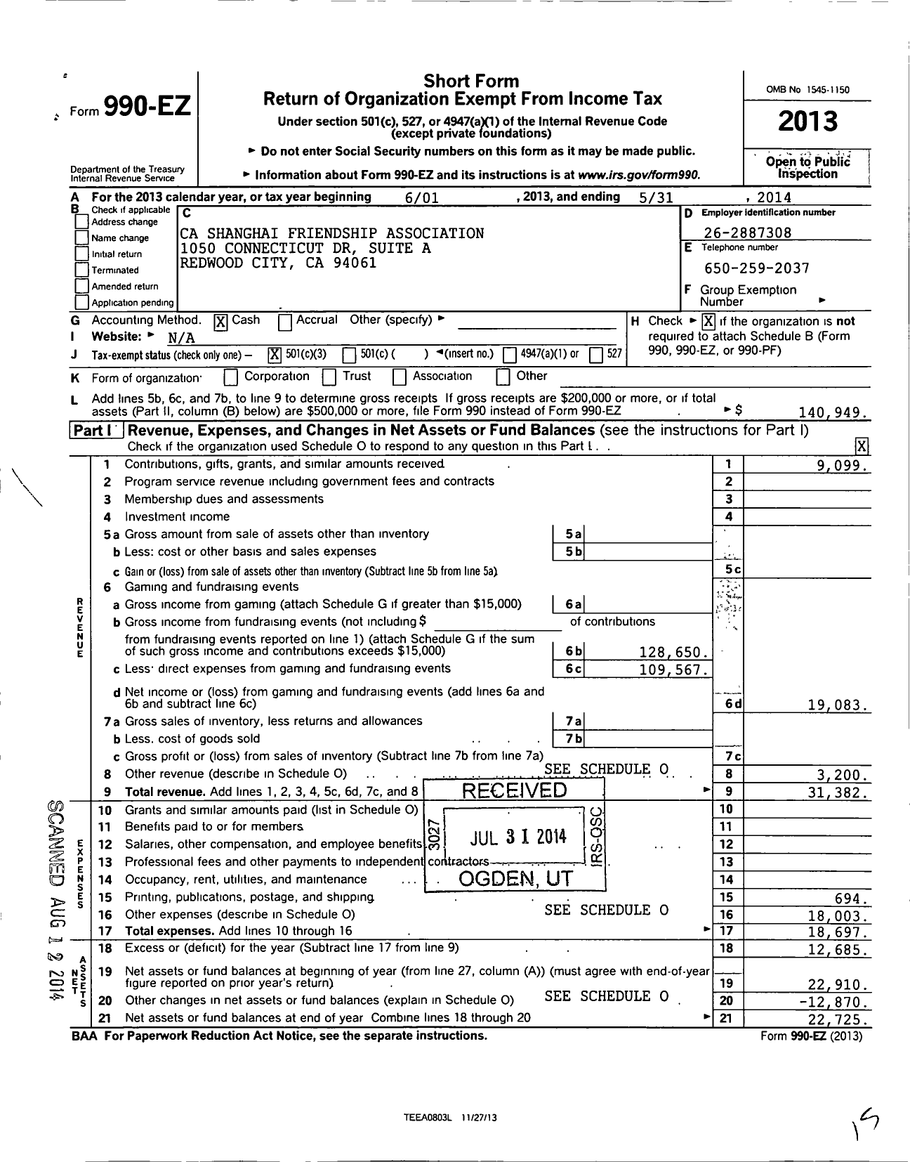 Image of first page of 2013 Form 990EZ for Ca Shanghai Friendship Association Incorporated