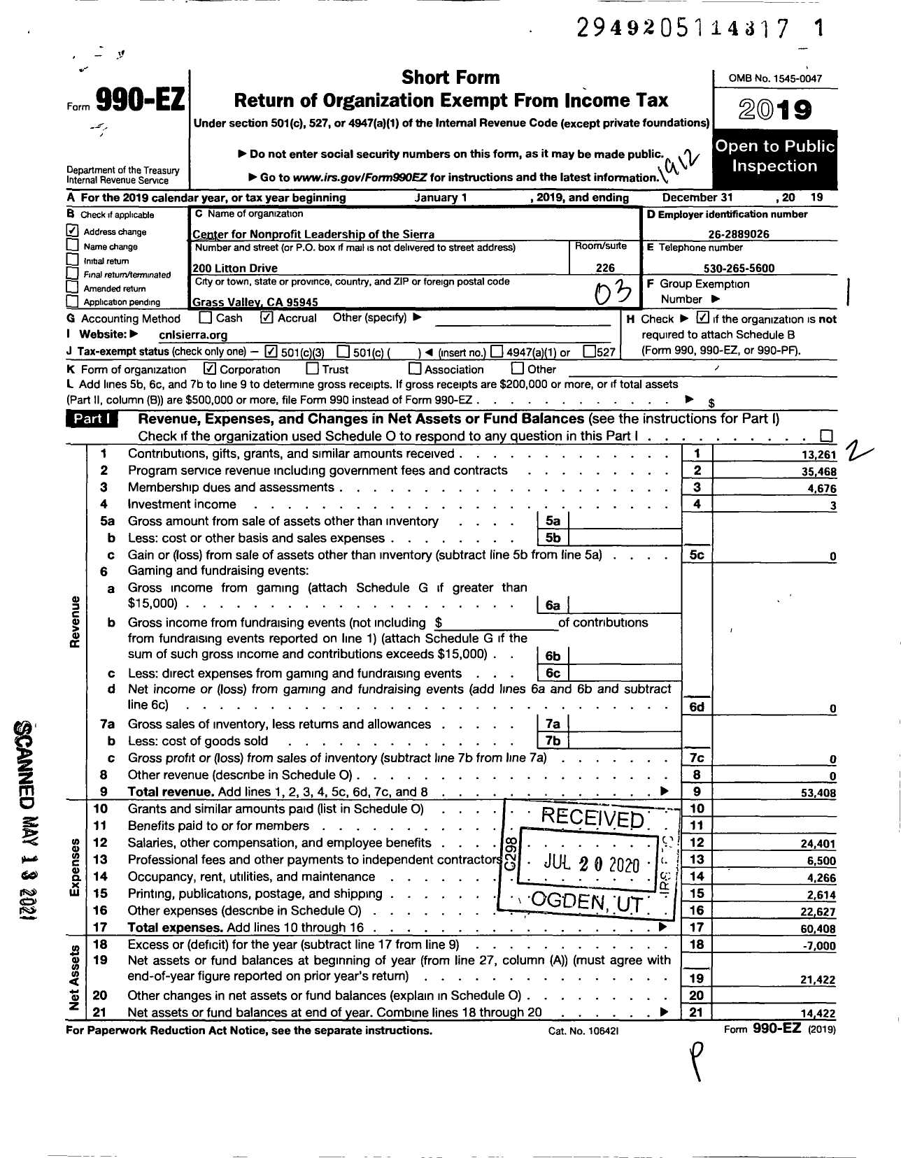 Image of first page of 2019 Form 990EZ for Center for Nonprofit Leadership of the Sierra