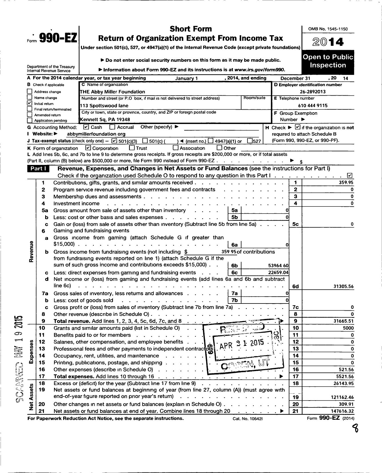 Image of first page of 2014 Form 990EZ for Abby Miller Foundation