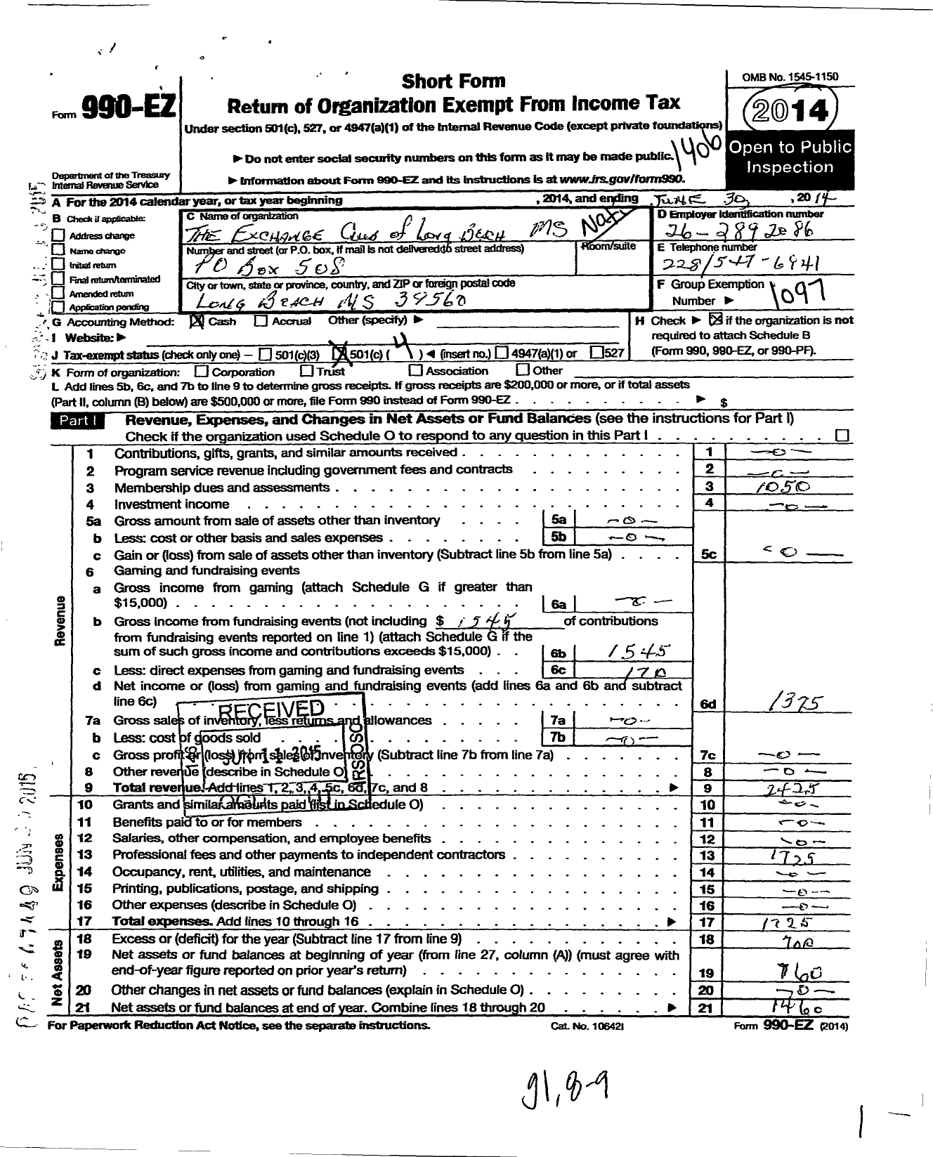 Image of first page of 2013 Form 990EO for National Exchange Club - 2898 Long Beach MS