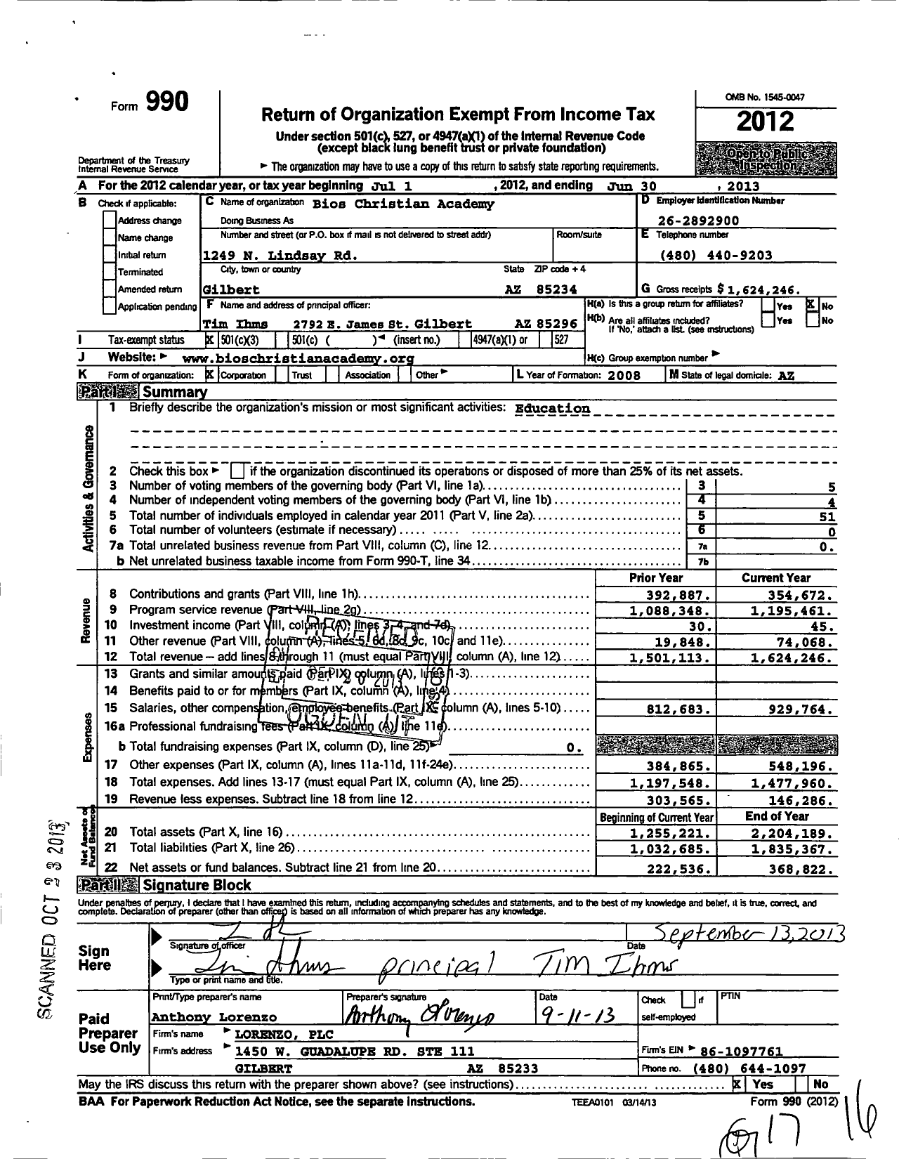 Image of first page of 2012 Form 990 for Bios Christian Academy